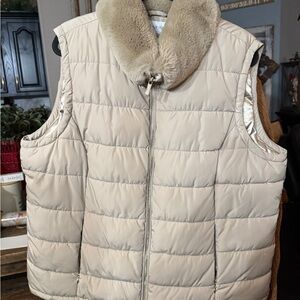 Calvin Klein Beige Puffer Vest with Faux Fur Collar